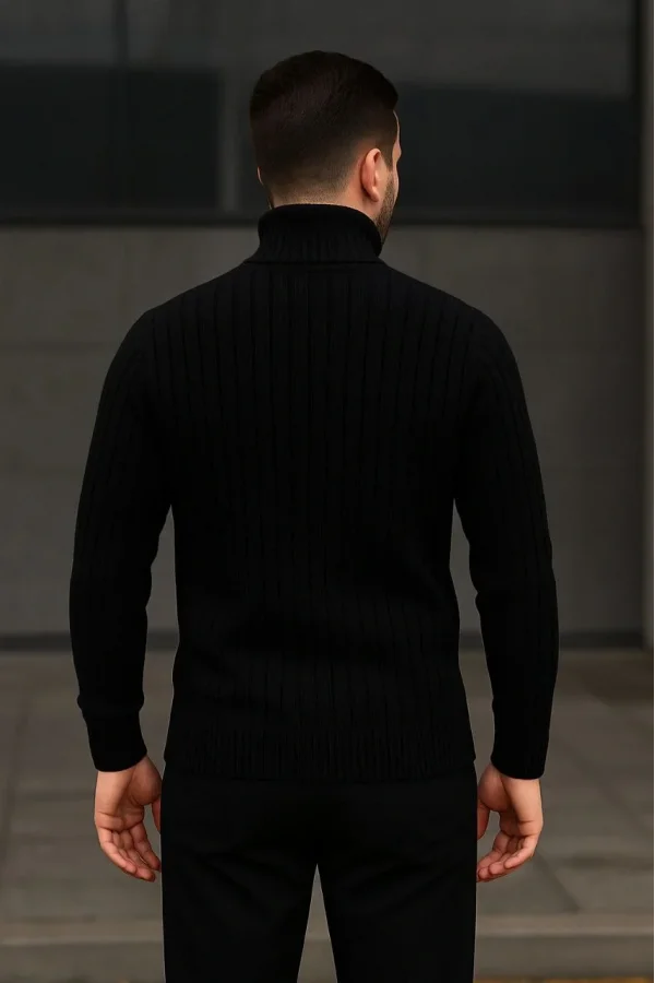 Erkek Fitilli Triko Kazak 2li Set Bej Siyah Regular Balıkcı Yaka Tam Boğazlı Triko Seti Modeli Kazak