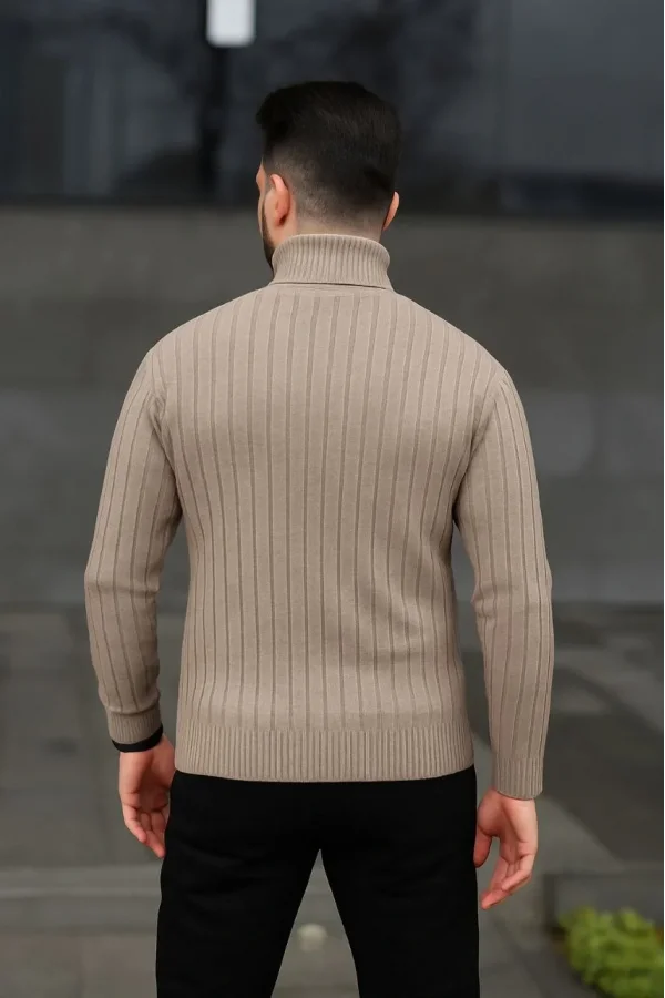 Erkek Fitilli Triko Kazak 2li Set Bej Siyah Regular Balıkcı Yaka Tam Boğazlı Triko Seti Modeli Kazak