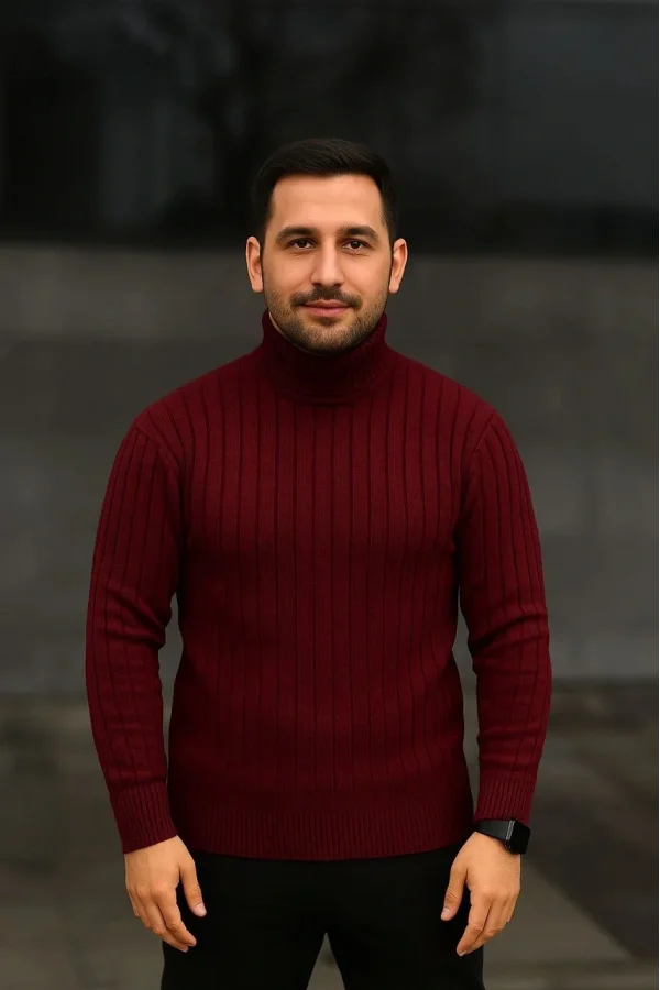 Erkek Fitilli Triko Kazak 2li Set Bordo Siyah Regular Balıkcı Yaka Tam Boğazlı Triko Seti Modeli Kazak