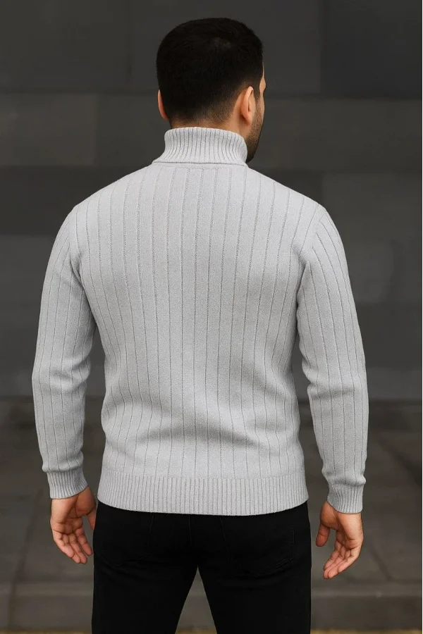 Erkek Fitilli Triko Kazak 2li Set Gri Siyah Regular Balıkcı Yaka Tam Boğazlı Triko Seti Modeli Kazak