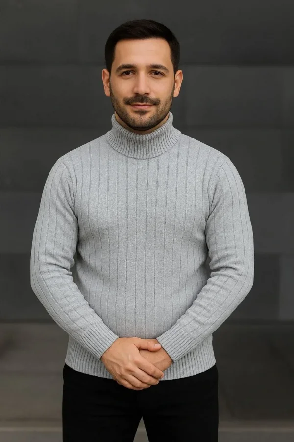 Erkek Fitilli Triko Kazak 2li Set Gri Siyah Regular Balıkcı Yaka Tam Boğazlı Triko Seti Modeli Kazak