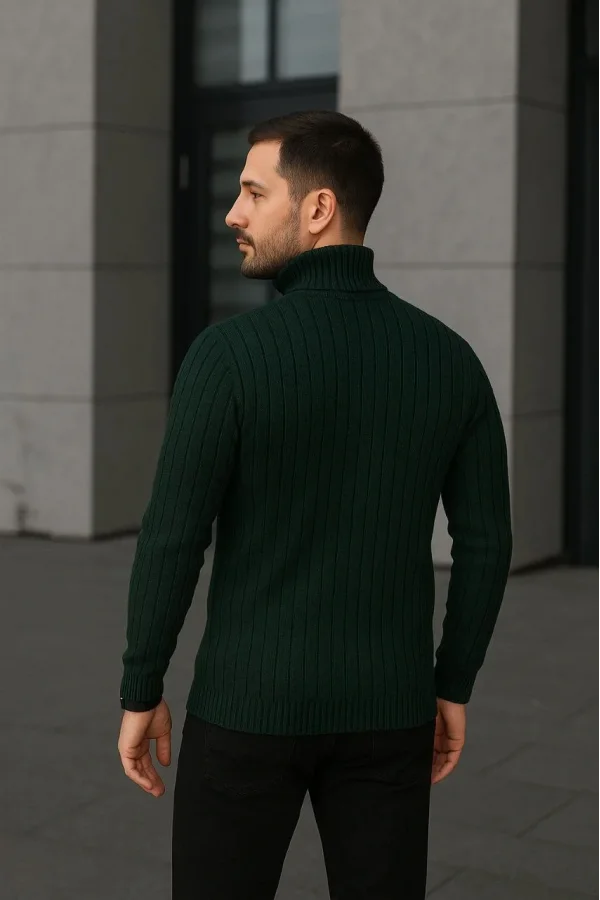 Erkek Fitilli Triko Kazak 3lÜ Set Gri Haki Siyah Regular Balıkcı Yaka Tam Boğazlı Triko Seti Modeli Kazak