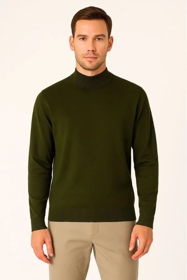 Erkek Yarım Boğaz Triko Kazak yumuşak dokulu Pamuklu ince Dokuma, uzun kollu Rahat Regular kalıp - Haki