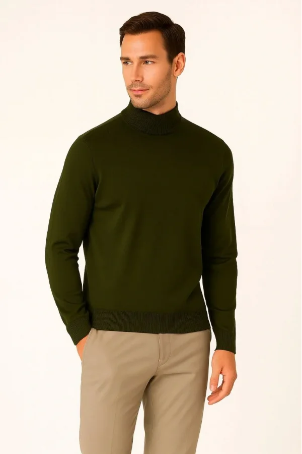 Erkek Yarım Boğaz Triko Kazak yumuşak dokulu Pamuklu ince Dokuma, uzun kollu Rahat Regular kalıp - Haki