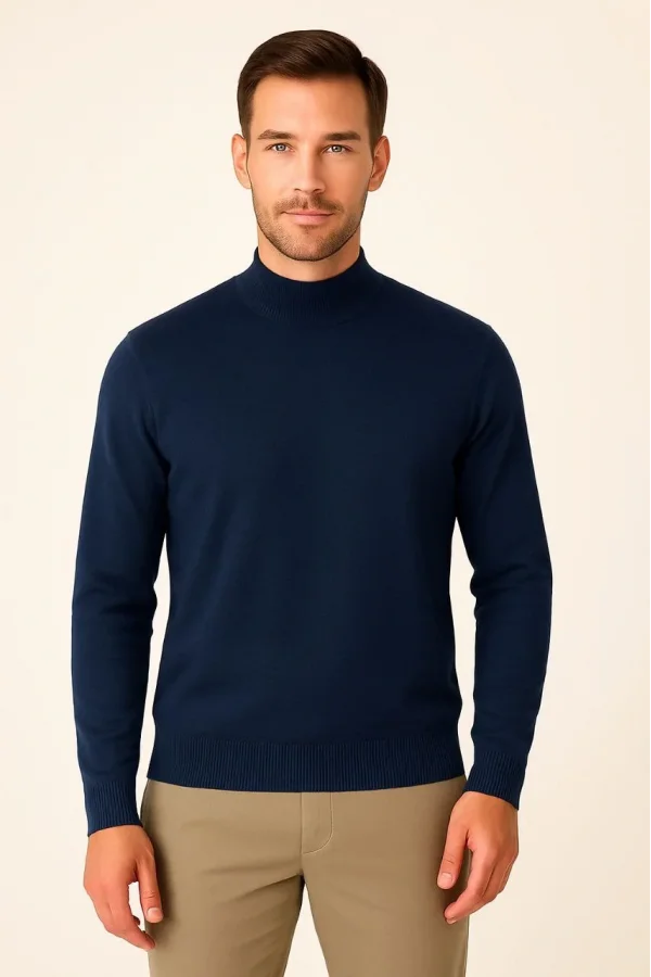 Erkek Yarım Boğaz Triko Kazak yumuşak dokulu Pamuklu ince Dokuma, uzun kollu Rahat Regular kalıp - Lacivert