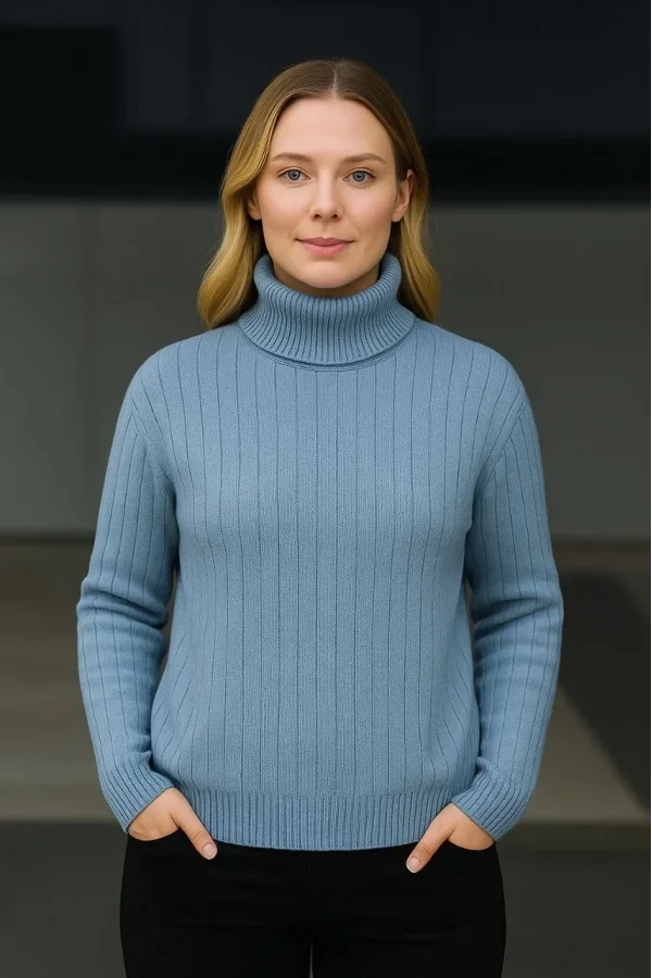 Kadın Balıkcı Yaka Bağazlı Triko Kazak Pamuklu Kalın Fitilli Dokuma - Bebek Mavisi