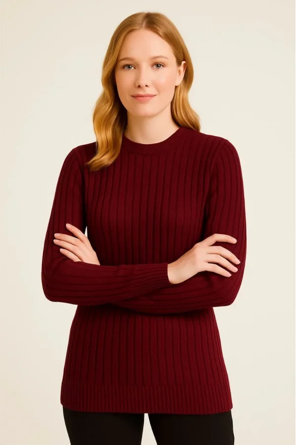 Kadın Bisiklet Yuvarlak Yaka Triko Kazak Pamuklu Kalın Fitilli Dokuma, Regular Fit Uzun Kollu Kışlık Model - Bordo
