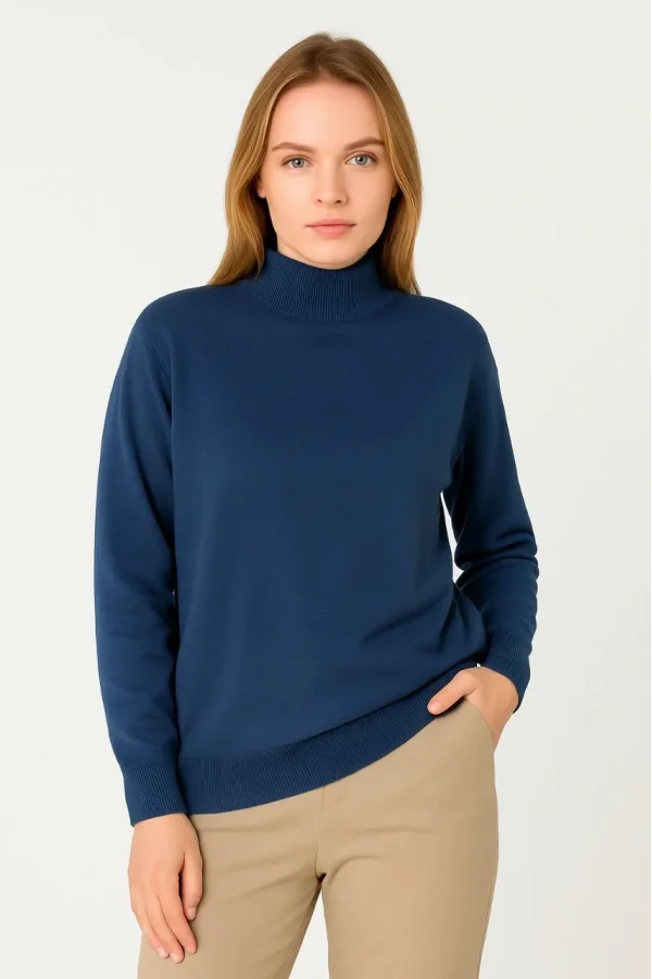 Kadın Yarım Boğaz Triko Kazak yumuşak dokulu Pamuklu ince Dokuma, uzun kollu Rahat Regular kalıp - İndigo