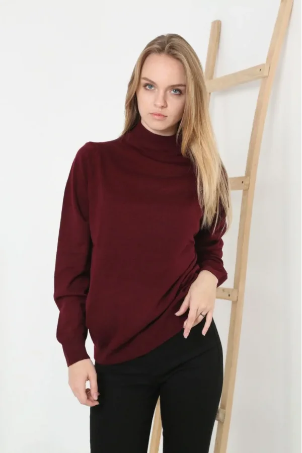 Kadın Yarım Boğaz Triko Kazak yumuşak dokulu Pamuklu ince Dokuma, uzun kollu Rahat Regular kalıp - Bordo