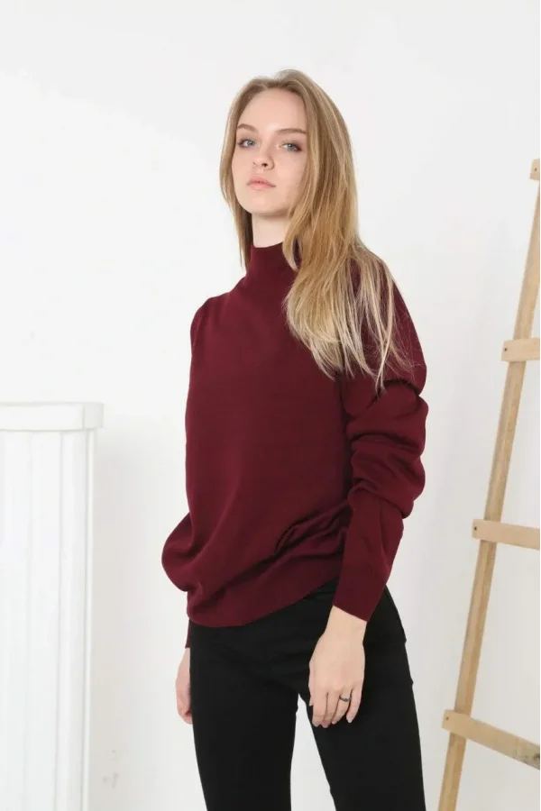 Kadın Yarım Boğaz Triko Kazak yumuşak dokulu Pamuklu ince Dokuma, uzun kollu Rahat Regular kalıp - Bordo