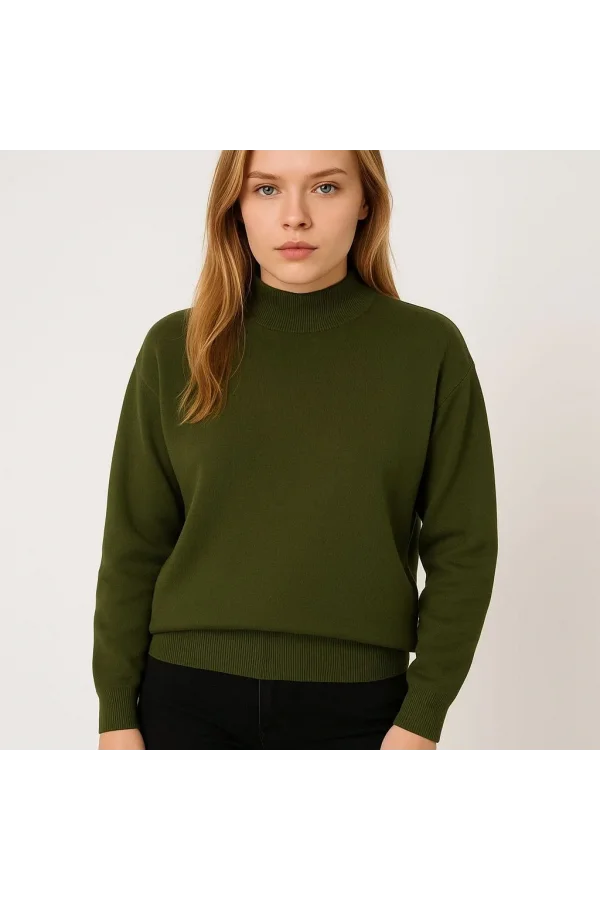 Kadın Yarım Boğaz Triko Kazak yumuşak dokulu Pamuklu ince Dokuma, uzun kollu Rahat Regular kalıp - Haki