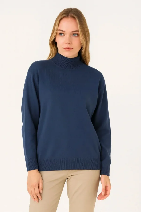 Kadın Yarım Boğaz Triko Kazak yumuşak dokulu Pamuklu ince Dokuma, uzun kollu Rahat Regular kalıp - İndigo