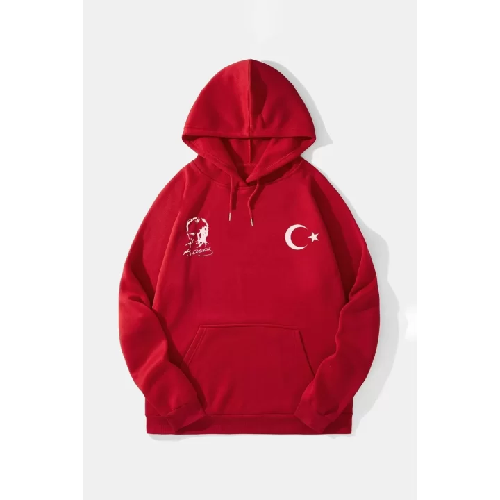 10 Kasıma Özel Üç İplik Kapüşonlu Baskılı SweatShirt - Kırmızı