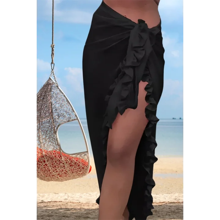 Arias Closet Özel Tasarım Mayo Üstü Süprem Tül Yanları Fırfırlı Siyah Pareo