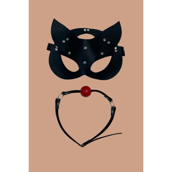 Arias Closet Siyah Deri Maske ve Ağız Topu Herness Aksesuar