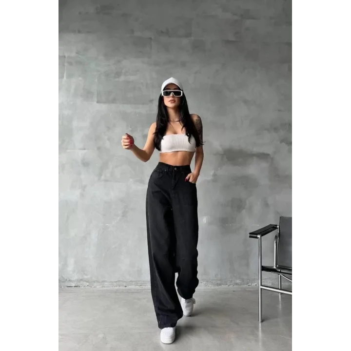 Arkadan tokalı jeans pantolon Siyah