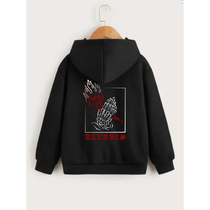 Çocuk Unisex Kapüşonlu Ön ve Arka Blessed Baskılı Sweatshirt - Siyah