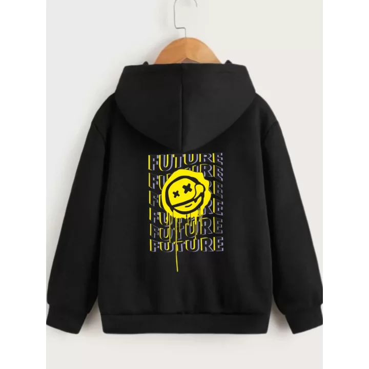 Çocuk Unisex Kapüşonlu Ön ve Arka Emoji Baskılı Sweatshirt - Siyah