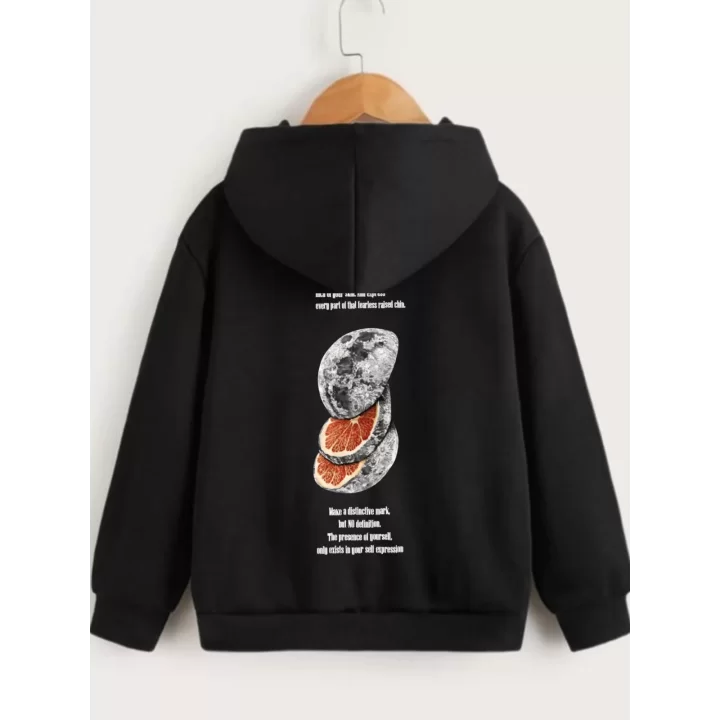 Çocuk Unisex Kapüşonlu Ön ve Arka Moon Special Baskılı Sweatshirt - Siyah