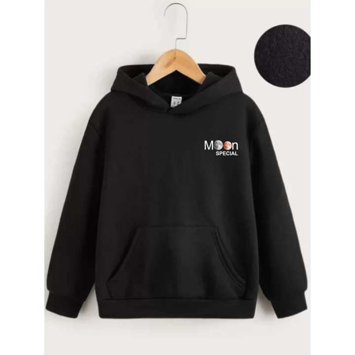 Çocuk Unisex Kapüşonlu Ön ve Arka Moon Special Baskılı Sweatshirt - Siyah