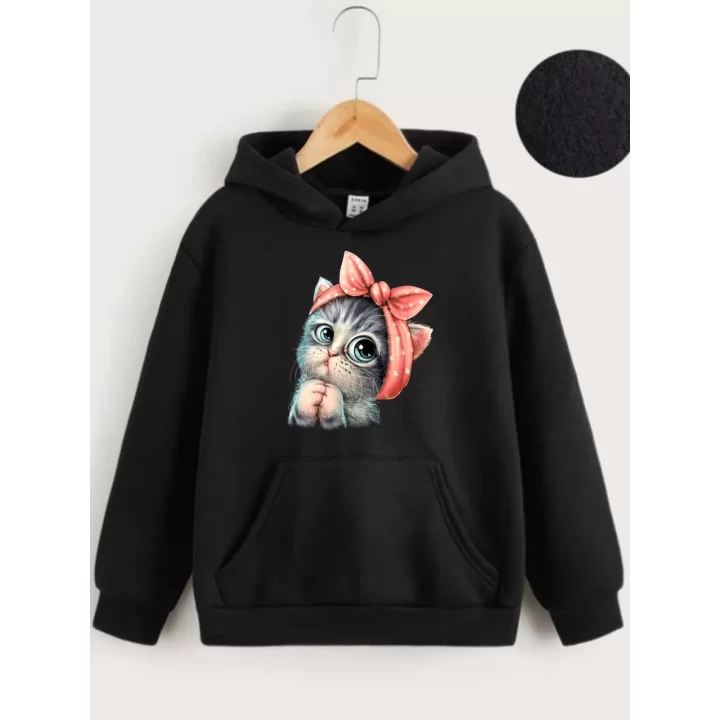 Çocuk Unisex Kapüşonlu Tatlı Kedi Baskılı Sweatshirt - Siyah