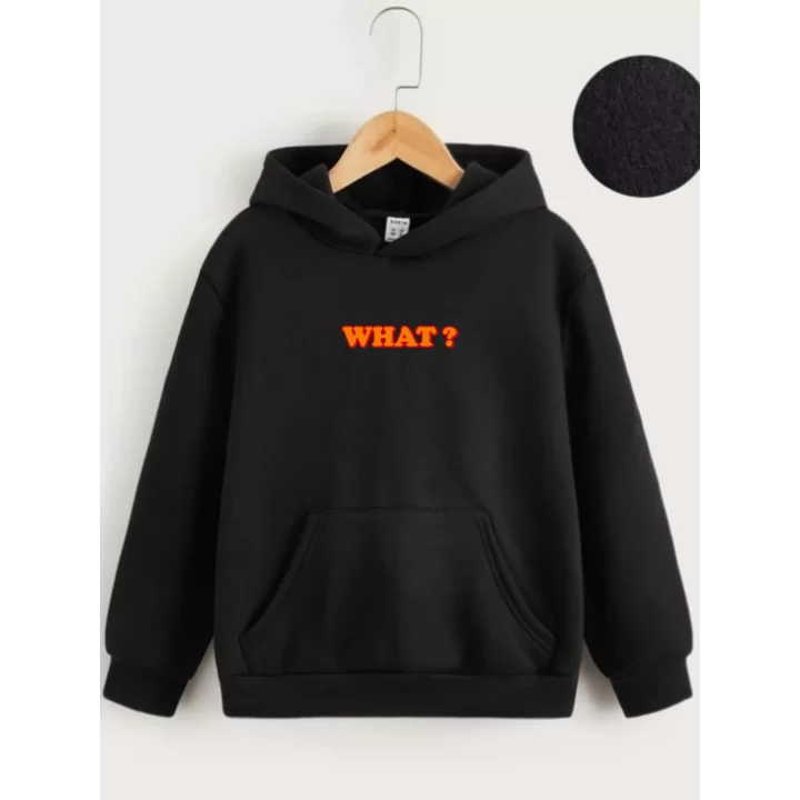 Çocuk Unisex Kapüşonlu What Baskılı Sweatshirt - Siyah