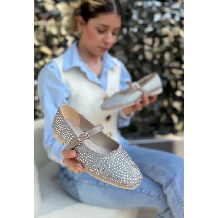 Elise Bej Süet  Boncuk İşlemeli Babet Ayakkabı