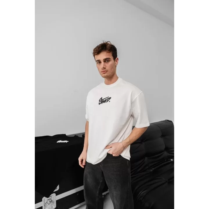 Erkek Baskılı Oversize T-shirt - Beyaz