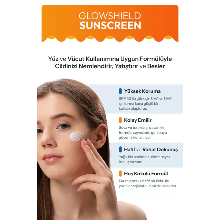 GlowShield SPF 50 Güneş Losyonu – Yüz ve Vücut – Geniş Spektrum Koruma - Nemlendirici Formül 200 ml