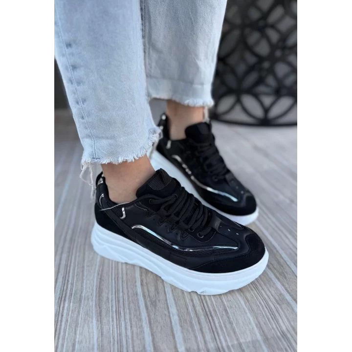 Imkea Siyah Cilt Gümüş Detaylı Spor Ayakkabı