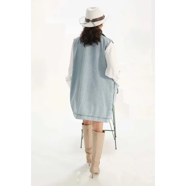 Kadın Mavi Cebi Taşlı Kot Yelek