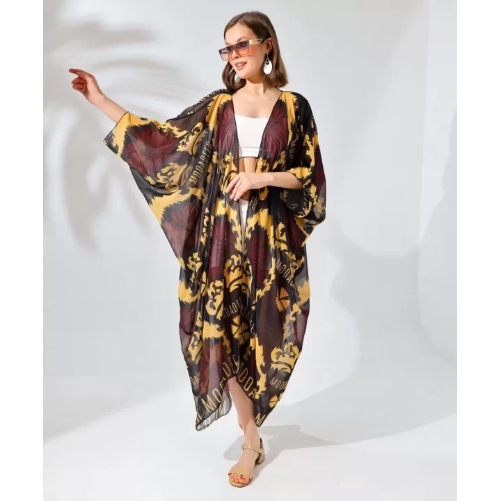 Kadın Rahat Kesim Kemerli Şifon Kimono - Kahve