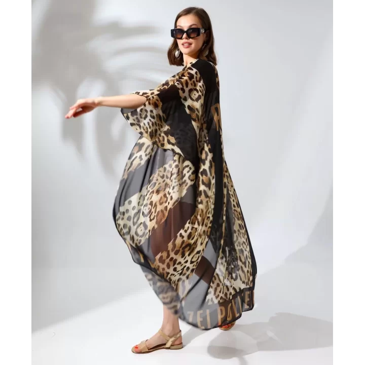 Kadın Rahat Kesim Kemerli Şifon Kimono - Leopar
