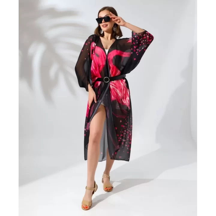 Kadın Rahat Kesim Kemerli Şifon Kimono - Siyah