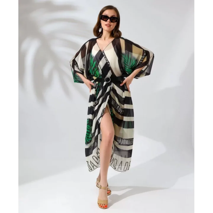 Kadın Rahat Kesim Kemerli Şifon Kimono - Yeşil