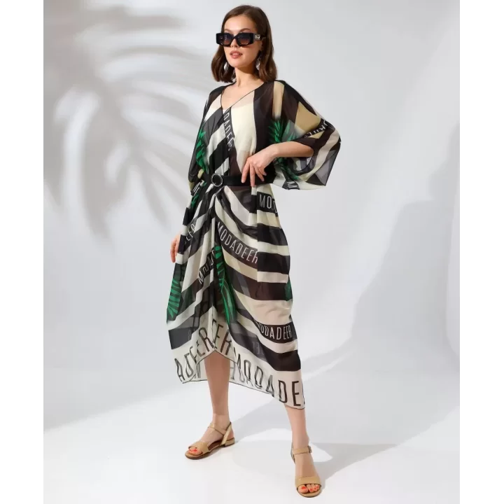 Kadın Rahat Kesim Kemerli Şifon Kimono - Yeşil
