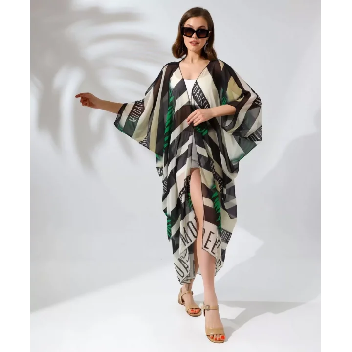 Kadın Rahat Kesim Kemerli Şifon Kimono - Yeşil