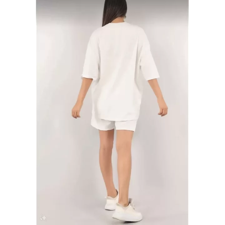 Kadın Unisex Nakış İşlemeli Şort Takım - Beyaz