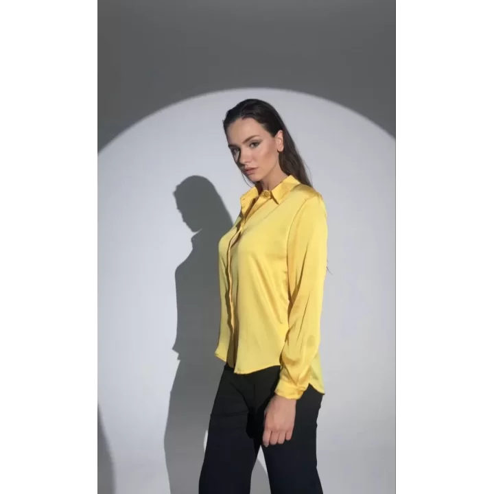 Kadın Uzun Kollu Düğmeli Buluz Gömlek - Sarı