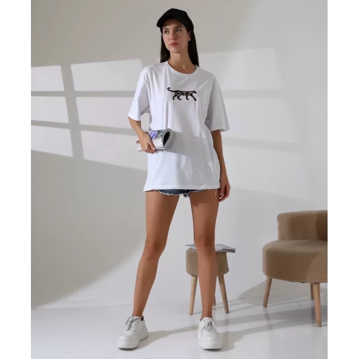 Kaplan nakış işlemeli Oversize tişört