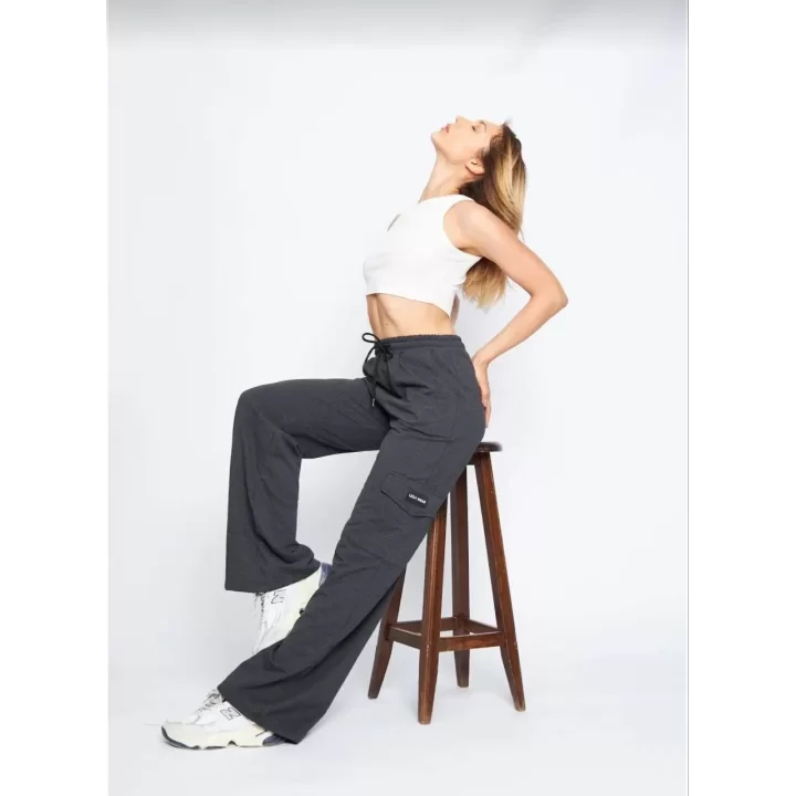 Kargo Cepli Palazzo Oversize Kesim İki iplik Bol Paça Eşofman Altı Pantalon - Antrasit
