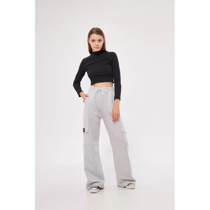 Kargo Cepli Palazzo Oversize Kesim İki iplik Bol Paça Eşofman Altı Pantalon - Gri