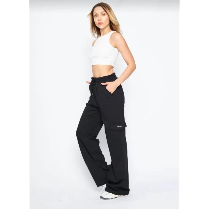 Kargo Cepli Palazzo Oversize Kesim İki iplik Bol Paça Eşofman Altı Pantalon - Siyah