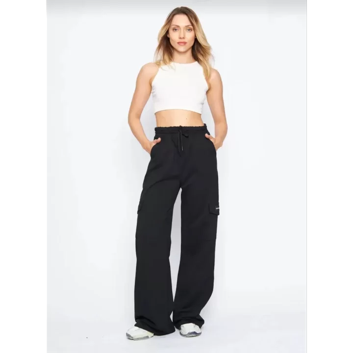 Kargo Cepli Palazzo Oversize Kesim İki iplik Bol Paça Eşofman Altı Pantalon - Siyah