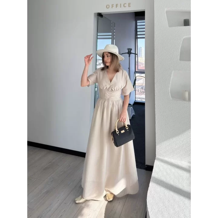 Kısa Kollu Uzun Elbise - Kırık Beyaz