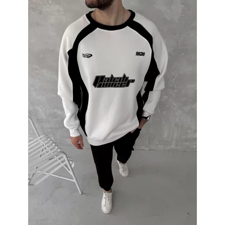 Kışlık Nakış İşlemeli Bisiklet Yaka Parçalı SweatShirt - Beyaz