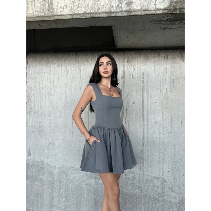 Kolsuz Mini Elbise- Gri