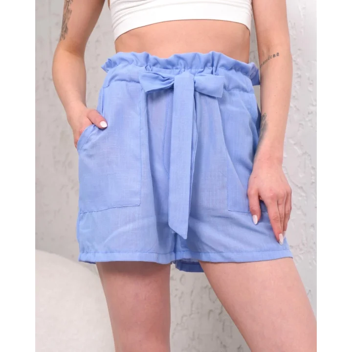 Kuşaklı keten şort mavi s255265