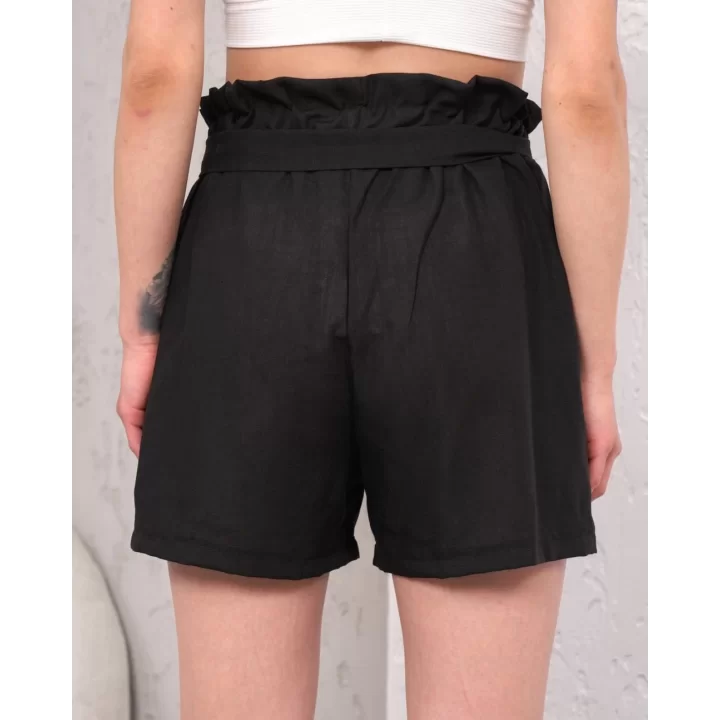 Kuşaklı keten şort siyah s255265