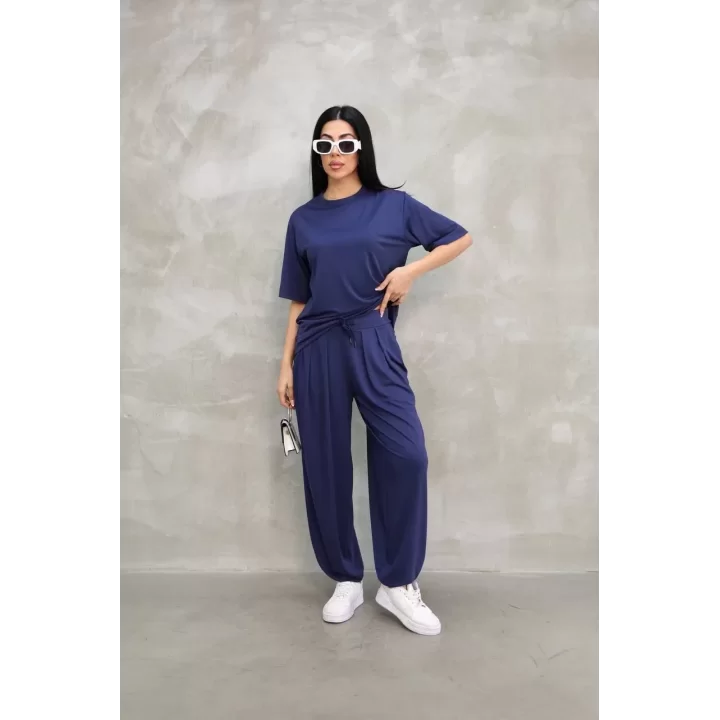 Osy Modal Yumuşak Dokulu Kumaş  Oversize Bisiklet Yaka T-shirt Jogger Eşofman Altı  Eşofman Takımı  - Lacivert